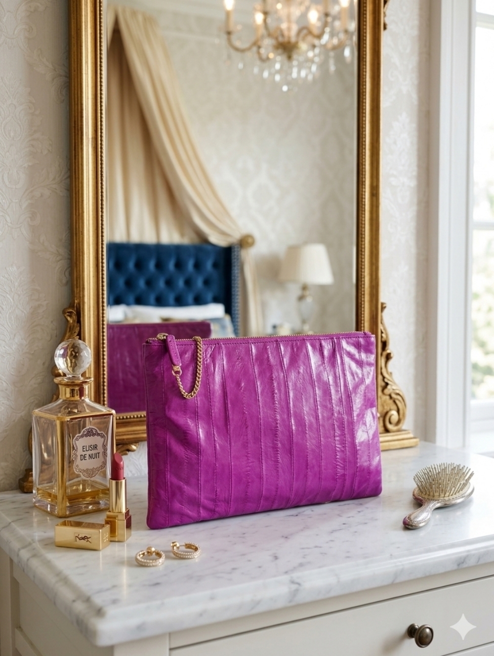 Women's Hot Pink Purple Eel Skin Zip Pouch Clutch Vintage Designer Bag